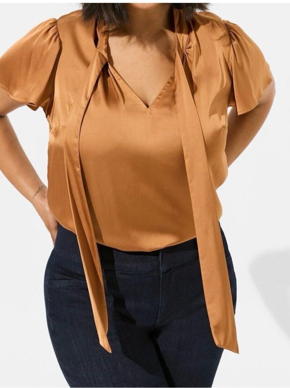 Torrid 3(3X) Satin Tie Front Neck Flutter Sleeve Blouse Brown